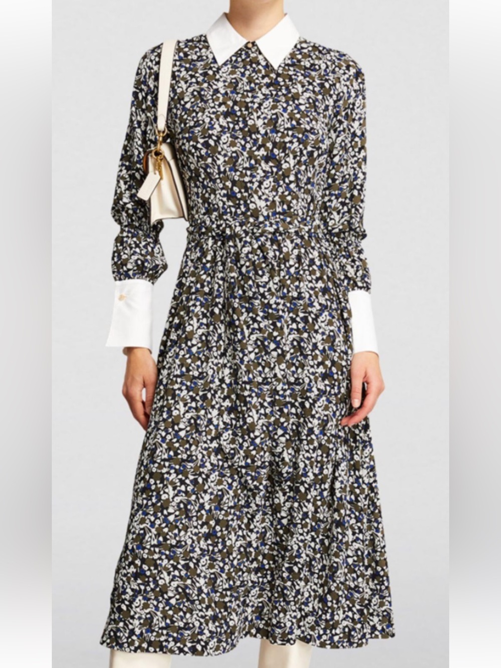 ME+EM Black, Blue & White Floral Long Sleeve Midi Dress